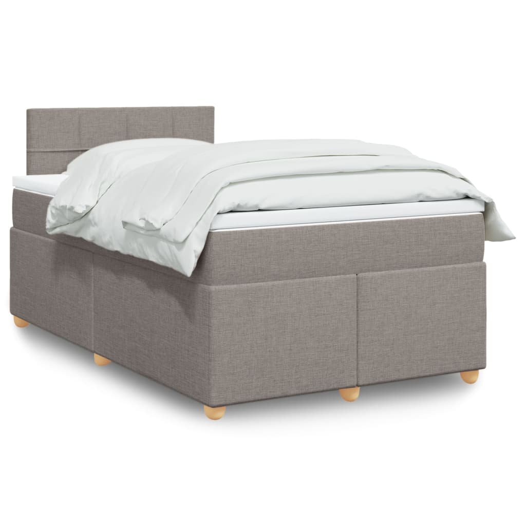 Taupekleurige boxspring van 200x200 cm met pocketveringmatrassen, topmatras en gestoffeerd hoofdbord