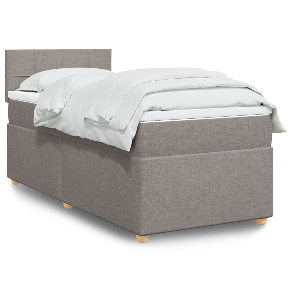 Taupekleurige boxspring van 200x200 cm met pocketveringmatrassen, topmatras en gestoffeerd hoofdbord