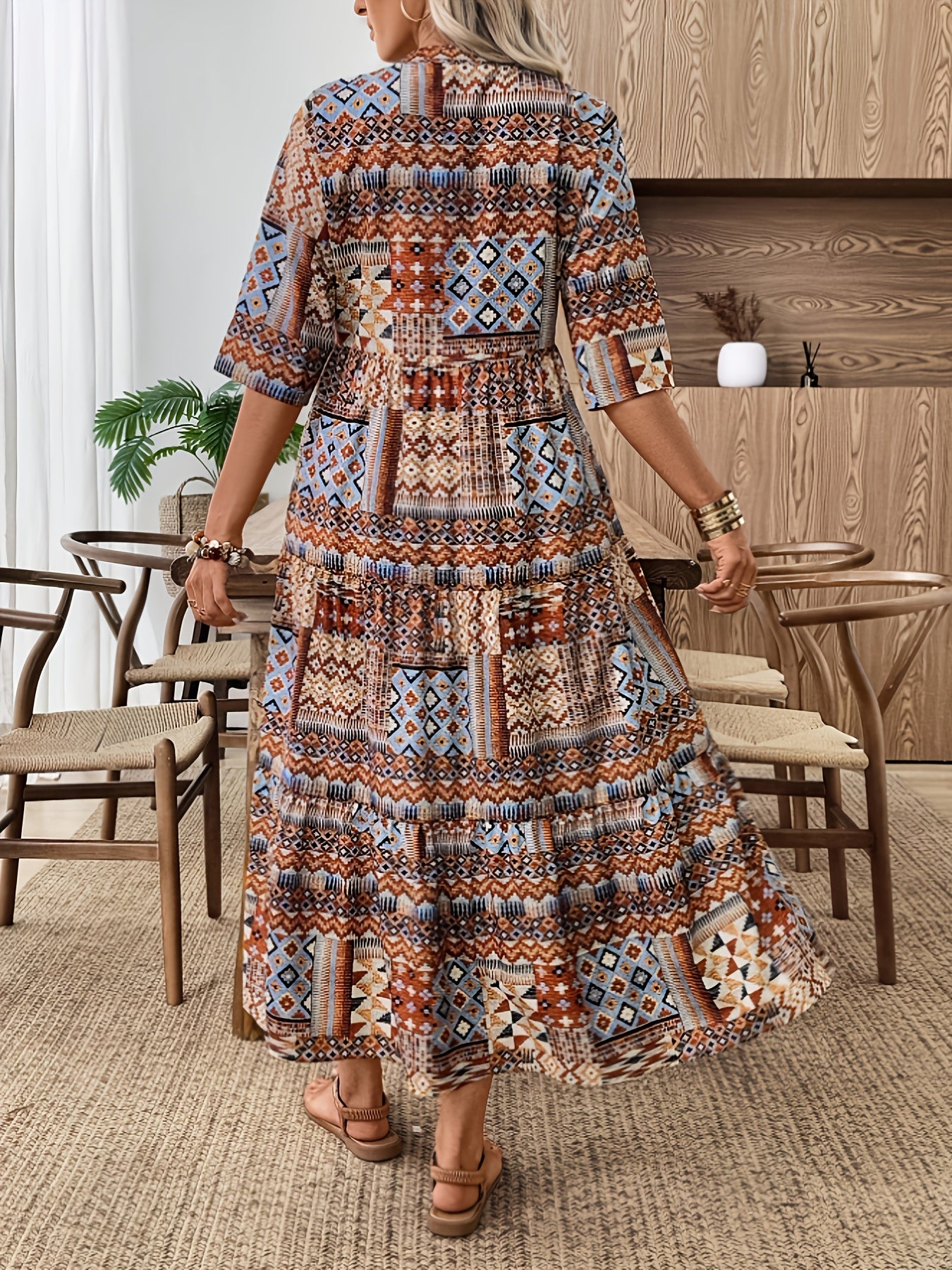 Damesjurk met vintage print en korte mouwen, jurk in Boheemse stijl, damesjurk met geometrische print