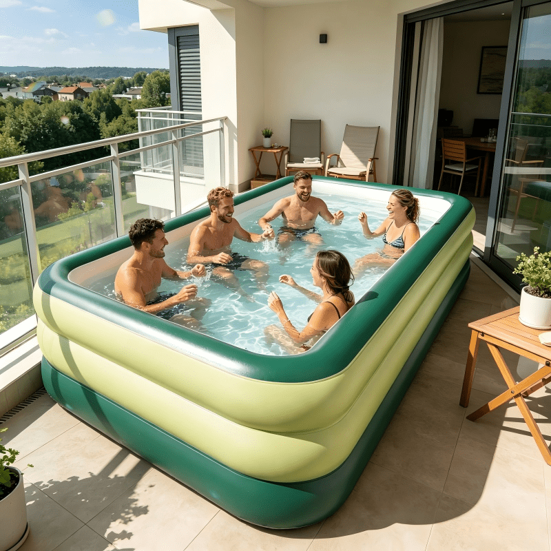 Grote Vakantie Eiland Groene Zwembad, met Zwembad Onderlegger, 3.88 meter Geschikt voor 1-10 Personen, 0.35Mm Verdikt, Multi-Size Multi-Purpose, A4 Formaat, Zomer Zwembadfeest, Familie, Koppels Entertainment, Huisdier Baden, Outdoor Kamperen