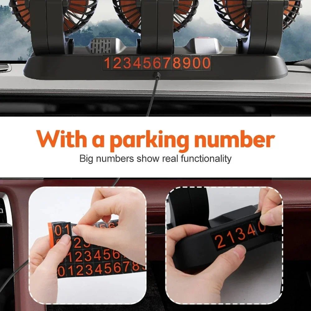 360 graden autoventilator met drie verstelbare ventilatorkoppen voor USB, 12V en 24V voertuigen