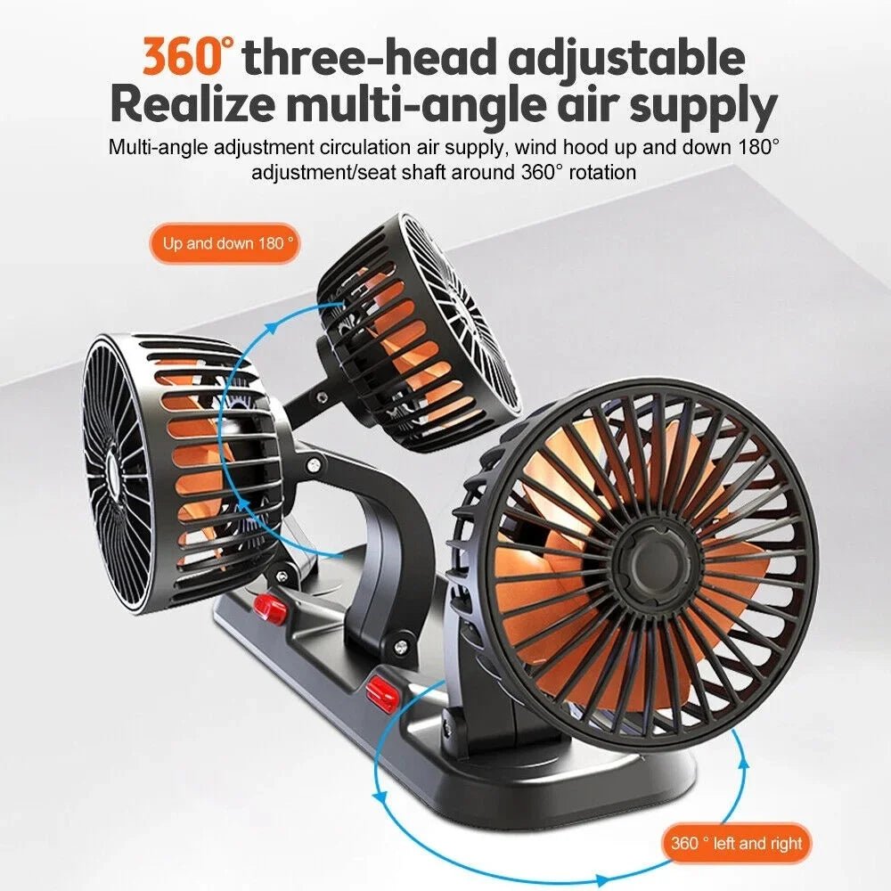 360 graden autoventilator met drie verstelbare ventilatorkoppen voor USB, 12V en 24V voertuigen