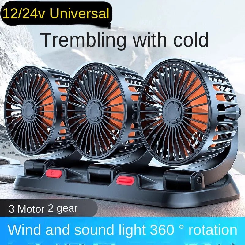 360 graden autoventilator met drie verstelbare ventilatorkoppen voor USB, 12V en 24V voertuigen