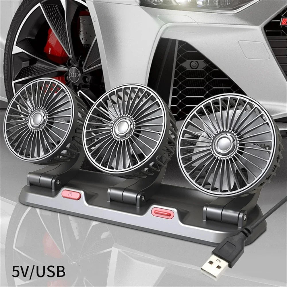 360 graden autoventilator met drie verstelbare ventilatorkoppen voor USB, 12V en 24V voertuigen