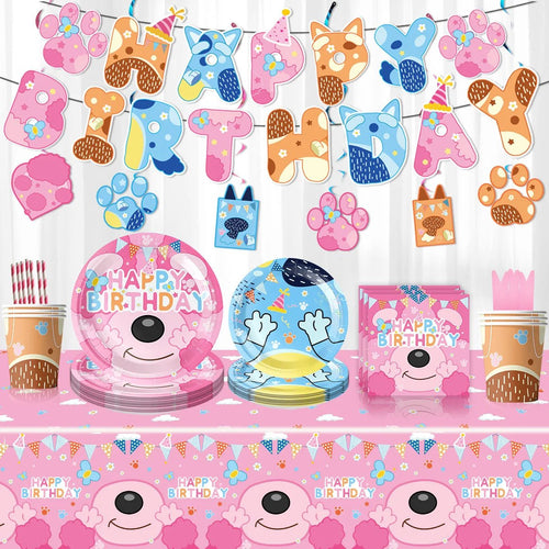 Blue Dog feesttafelkleed voor een kinderverjaardag met kleurrijke cartoonprint