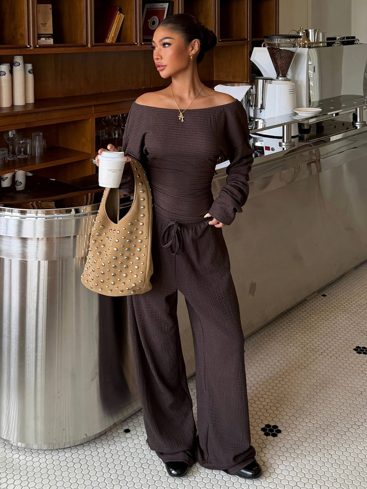 Dames 2-Delige Set – Off-Shoulder Top en Wijde Pijp Broek - Spotlights shopping