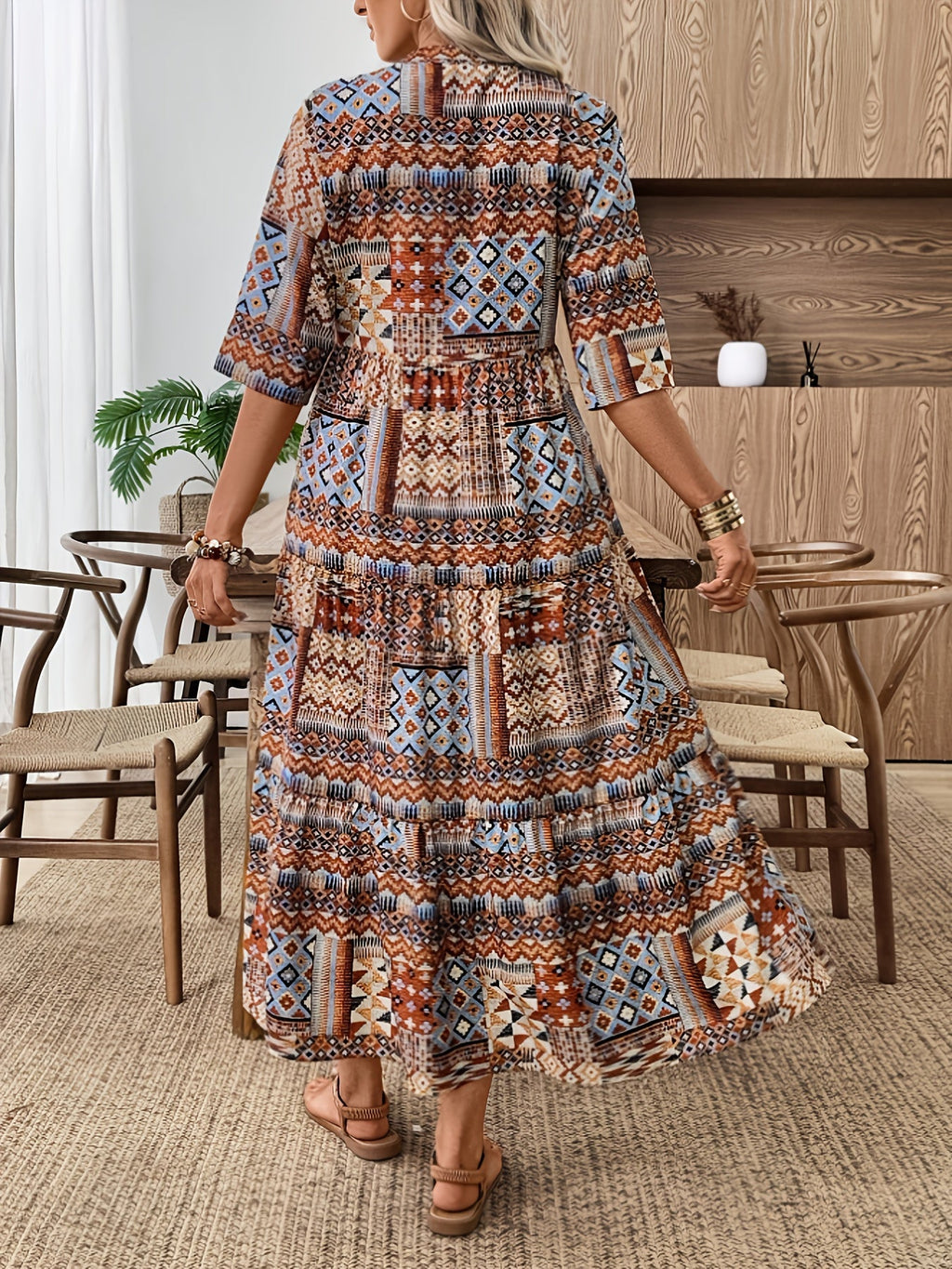 Bohemian damesjurk met vintage geometrische print en korte mouwen