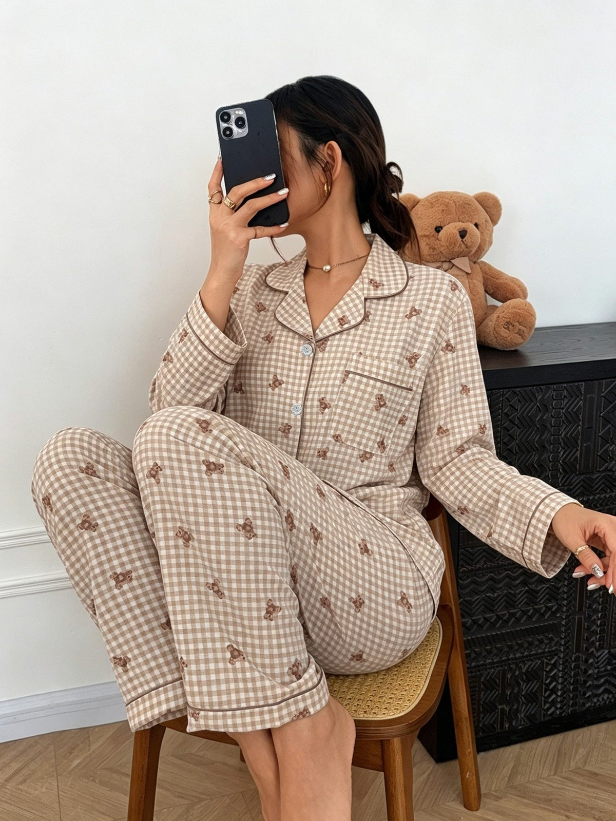 Damespyjama 2-delig met geruit patroon en teddybeerprint