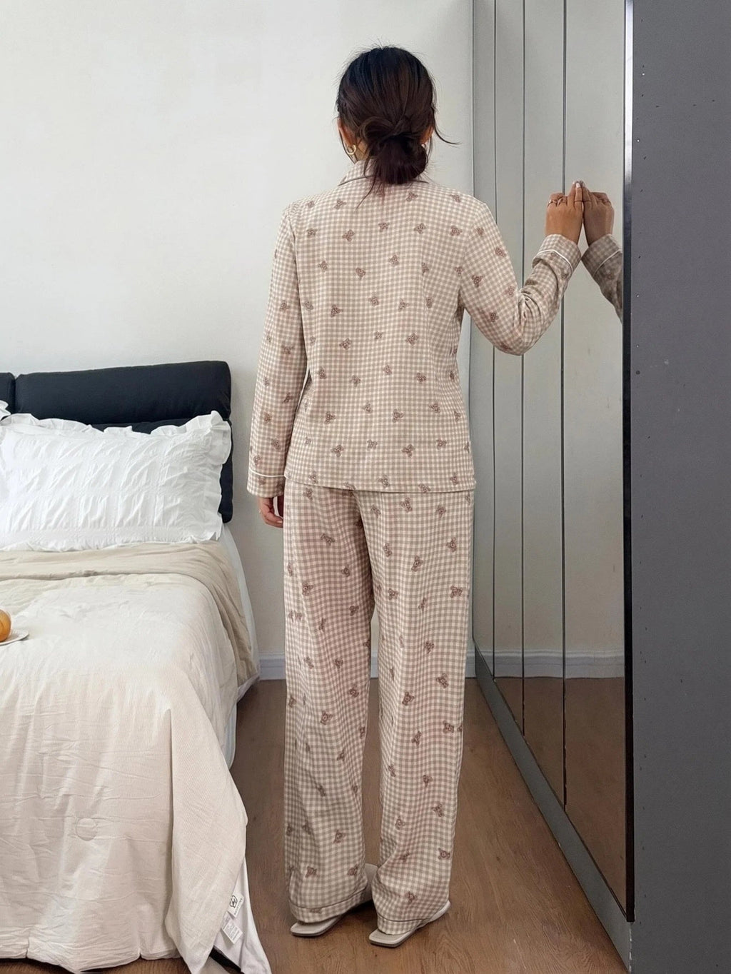 Damespyjama 2-delig met geruit patroon en teddybeerprint