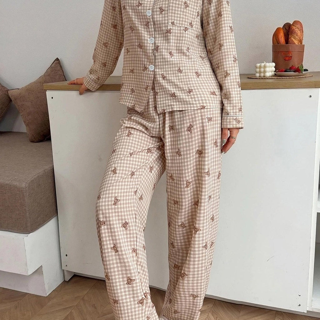 Damespyjama 2-delig met geruit patroon en teddybeerprint