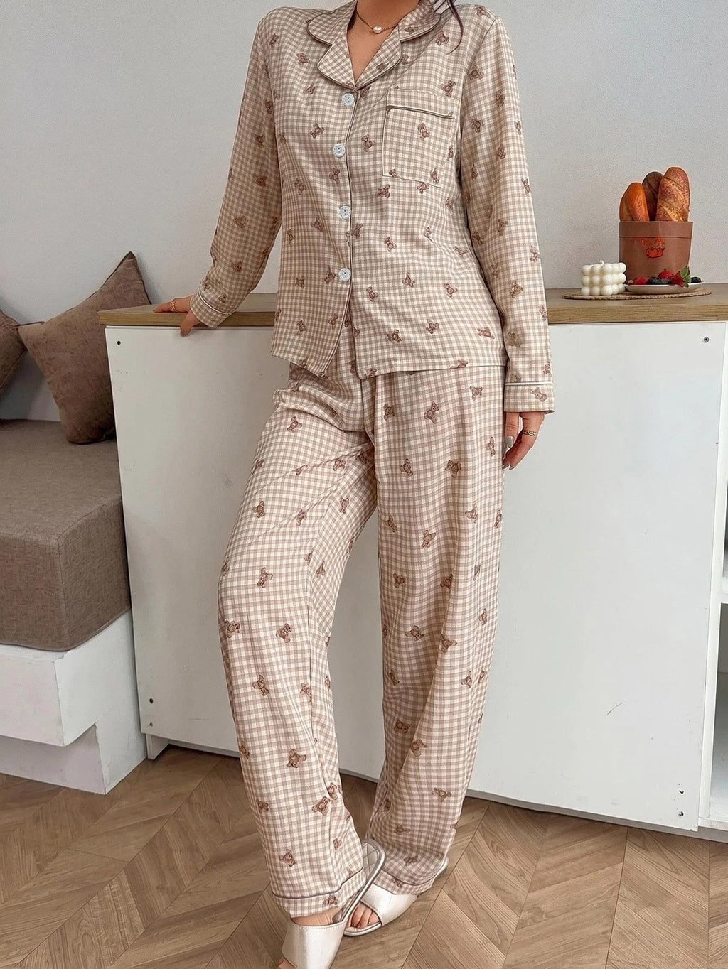 Damespyjama 2-delig met geruit patroon en teddybeerprint