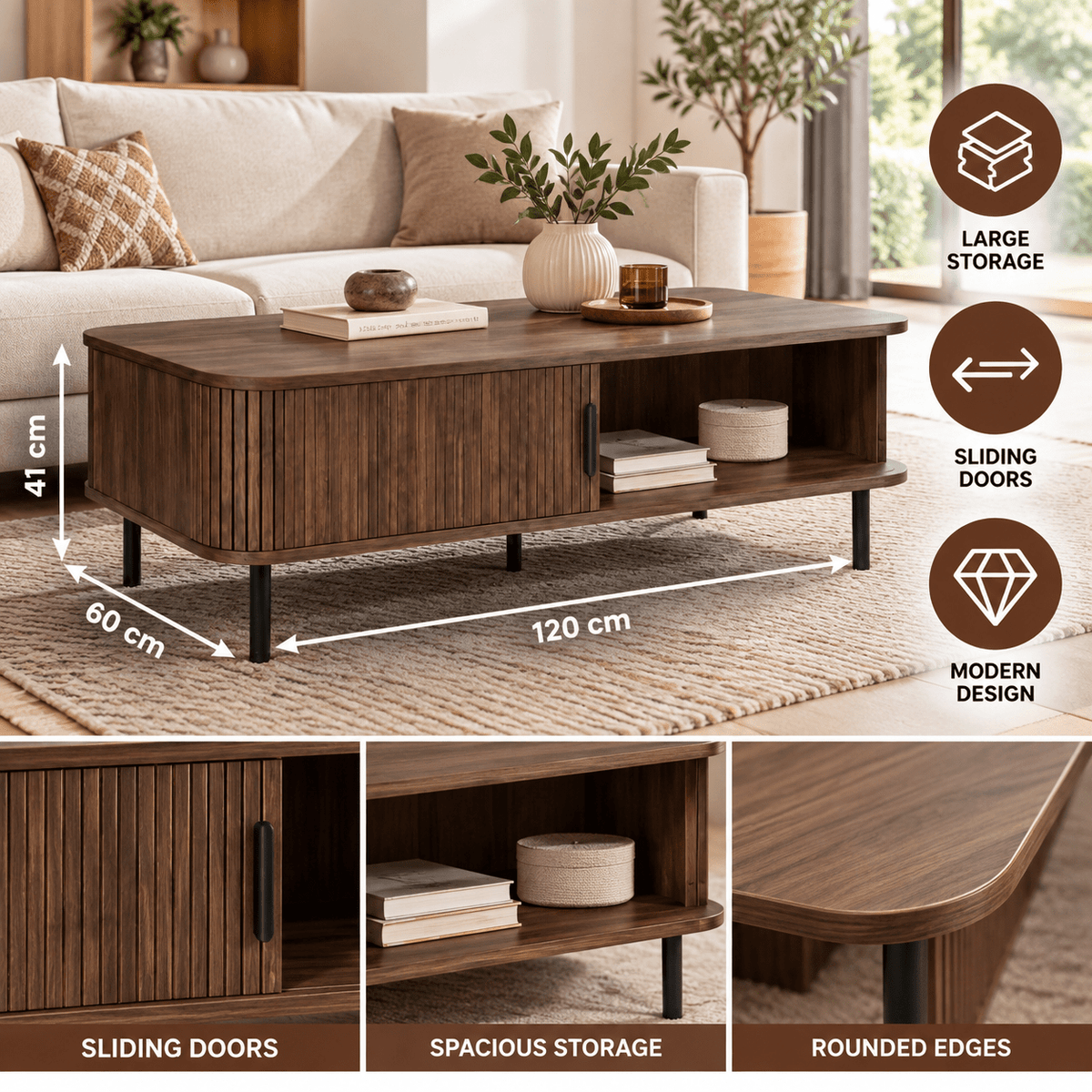 Salontafel in donkere houtlook met twee schuifdeuren