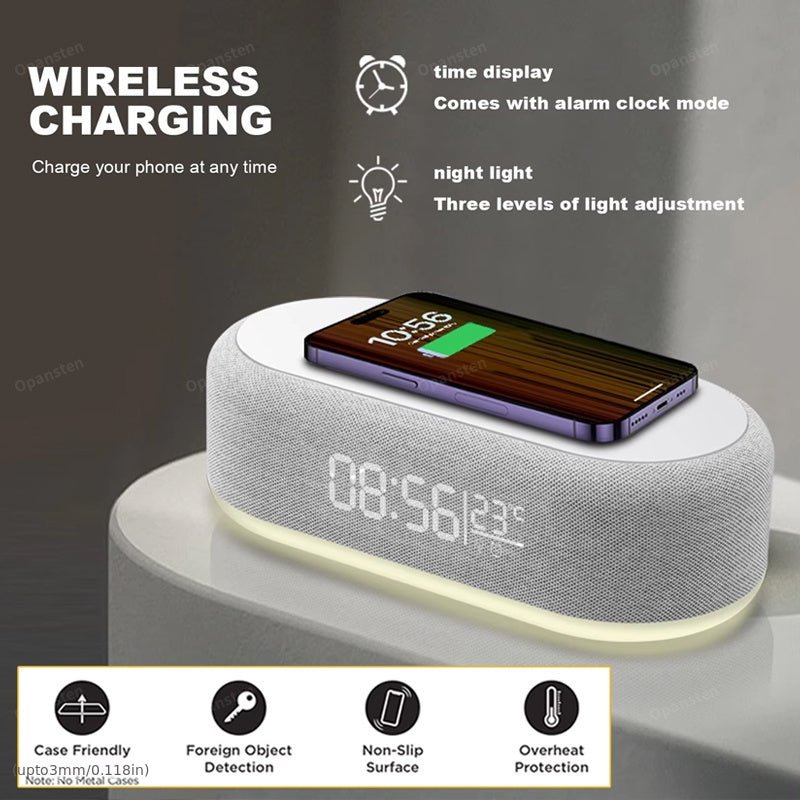 Draadloos oplaadstation met LED-wekker en thermometer voor telefoon en oordopjes