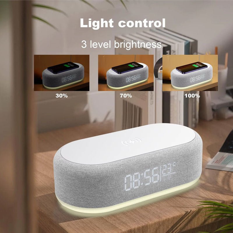 Draadloos oplaadstation met LED-wekker en thermometer voor telefoon en oordopjes