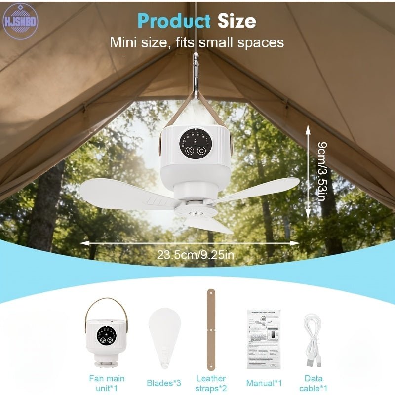 USB-oplaadbare camping plafondventilator met LED-verlichting en afstandsbediening in een tent