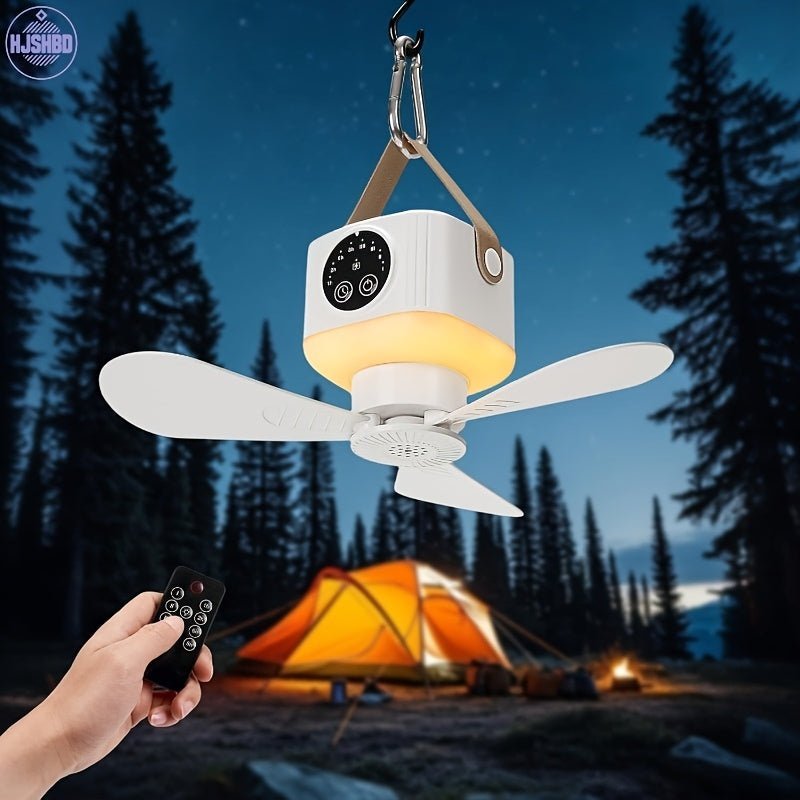 USB-oplaadbare camping plafondventilator met LED-verlichting en afstandsbediening in een tent