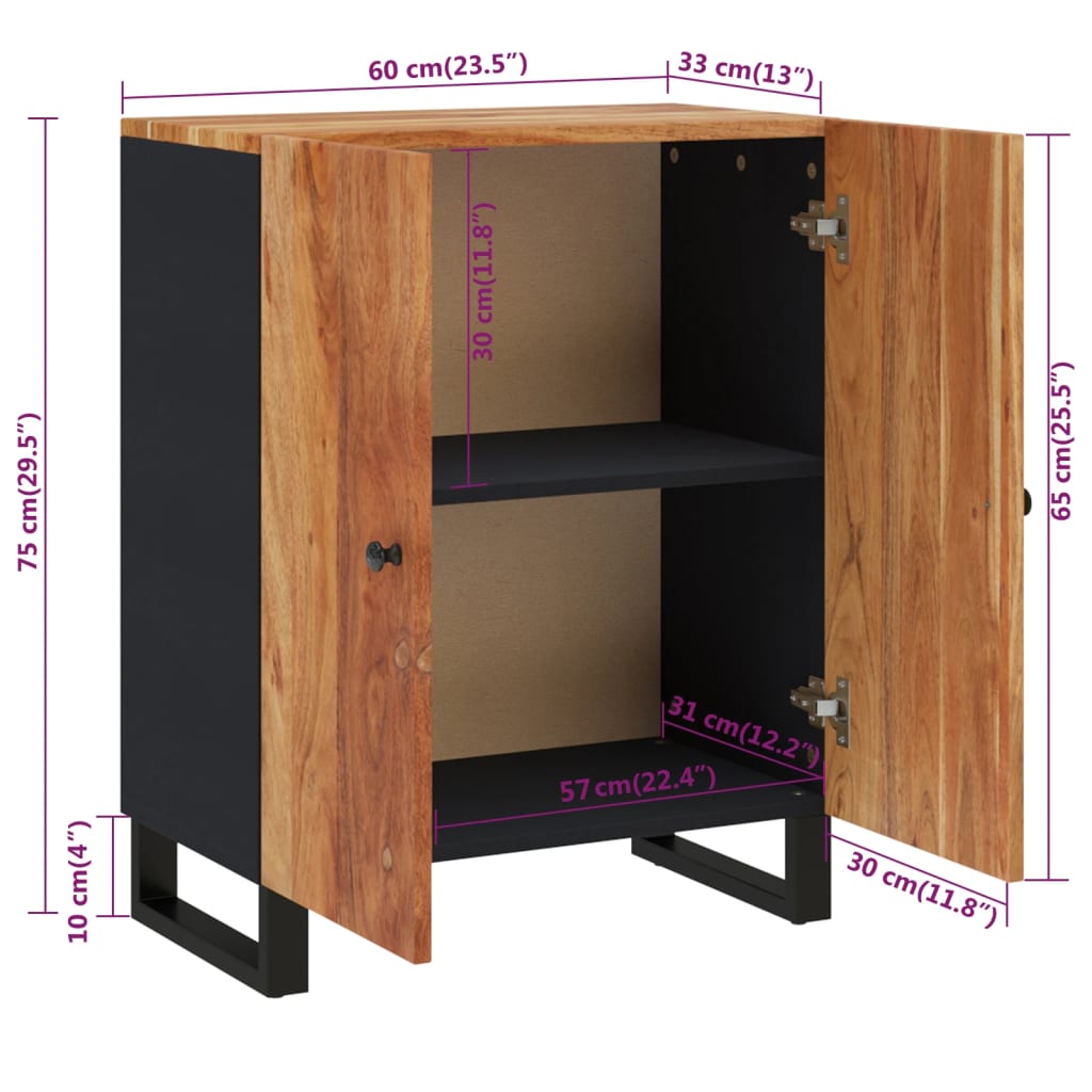Industrieel dressoir van massief acaciahout met zwart metalen frame en praktische opbergruimte