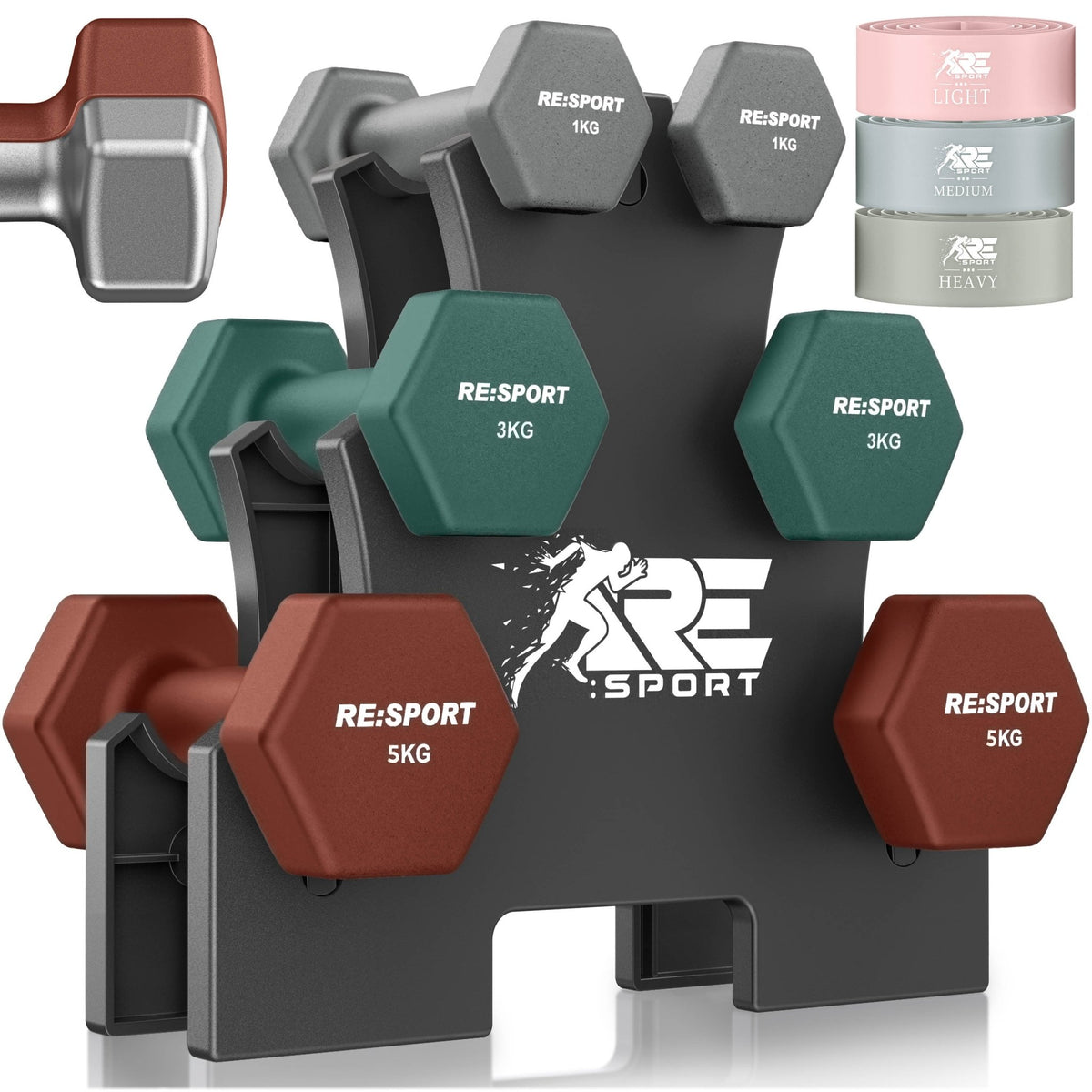 Dumbbell Set met Standaard & 3 Fitnessbanden – 3 Paar, 1–18 kg - Spotlights shopping