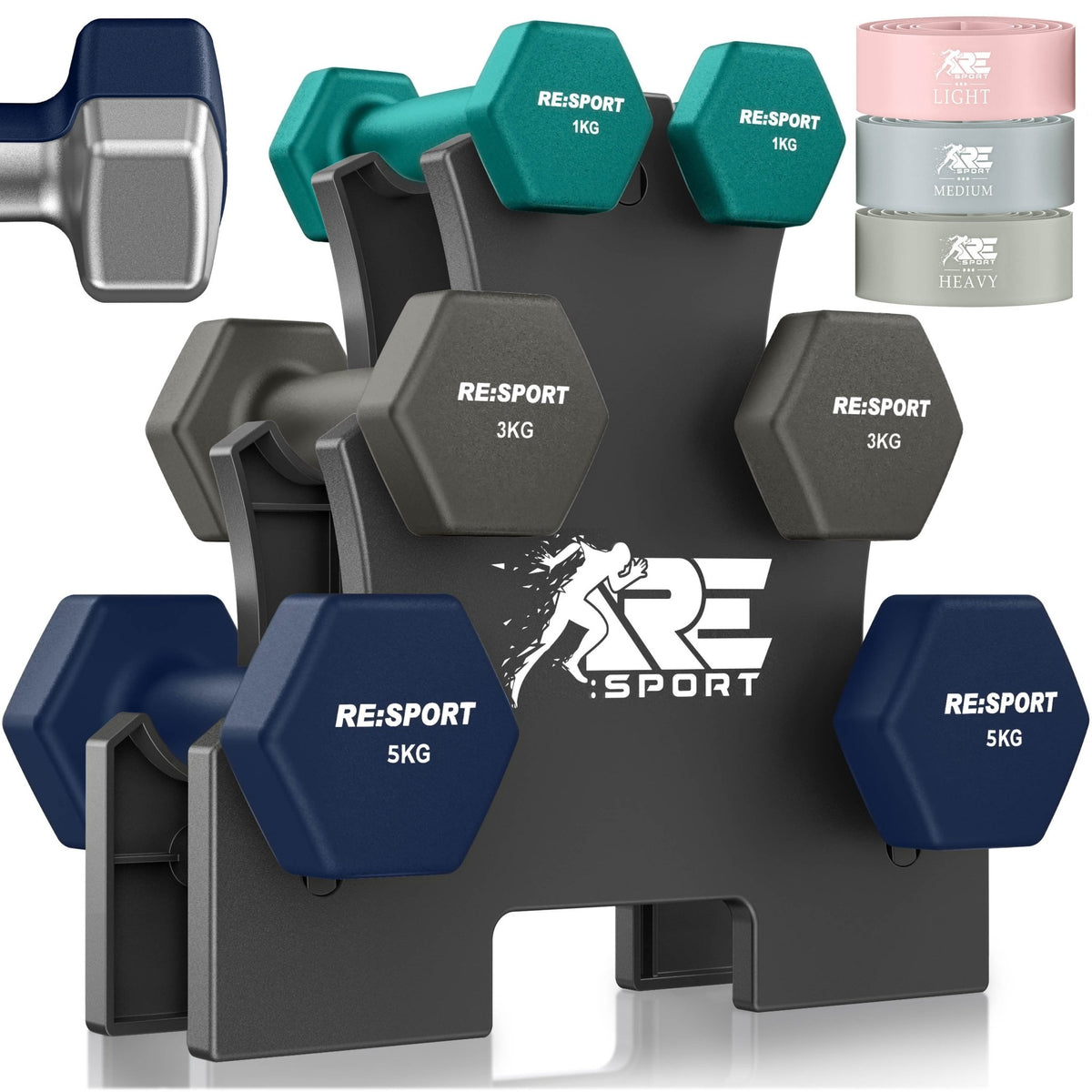 Dumbbell Set met Standaard & 3 Fitnessbanden – 3 Paar, 1–18 kg - Spotlights shopping