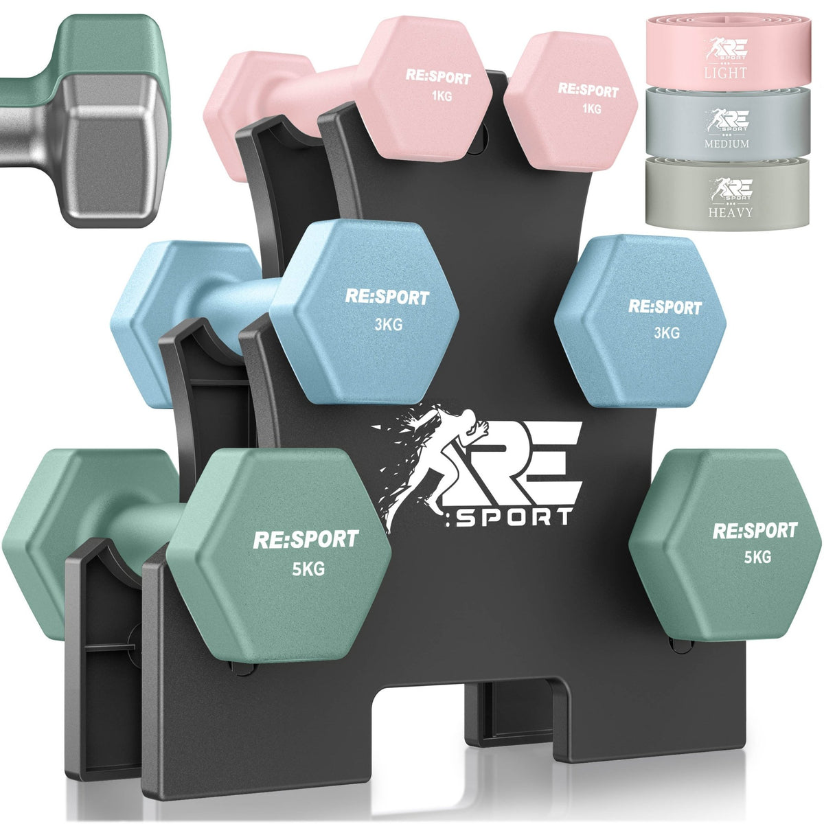 Dumbbell Set met Standaard & 3 Fitnessbanden – 3 Paar, 1–18 kg - Spotlights shopping