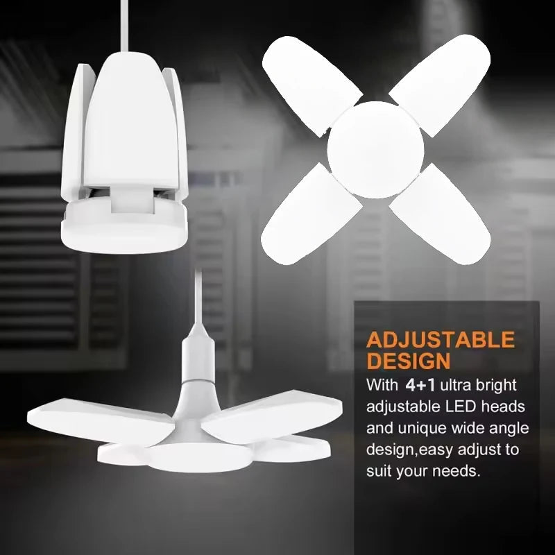 Opvouwbare E27 LED garageverlichting met verstelbare panelen en helder 6500K daglicht