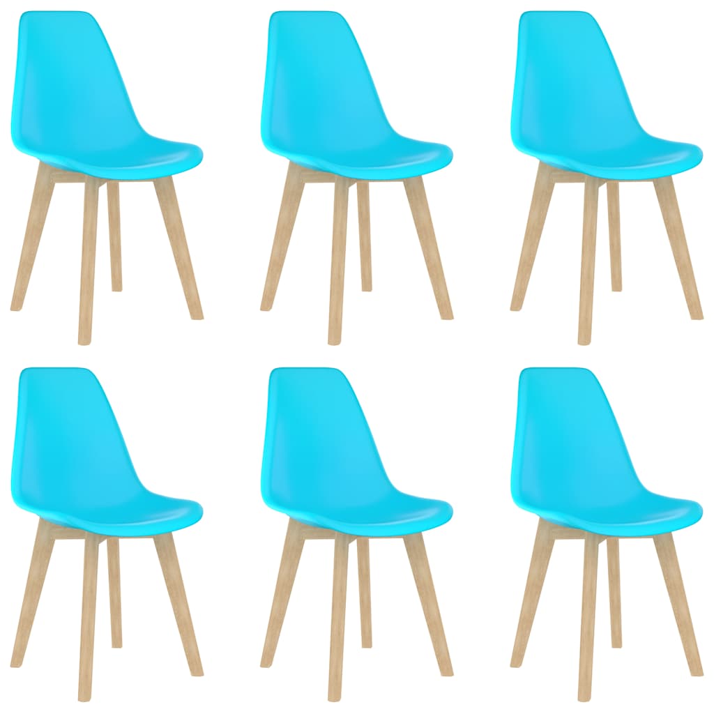 Set van vier turquoise Scandinavische eetkamerstoelen met ergonomische kunststof kuipzitting en houten poten