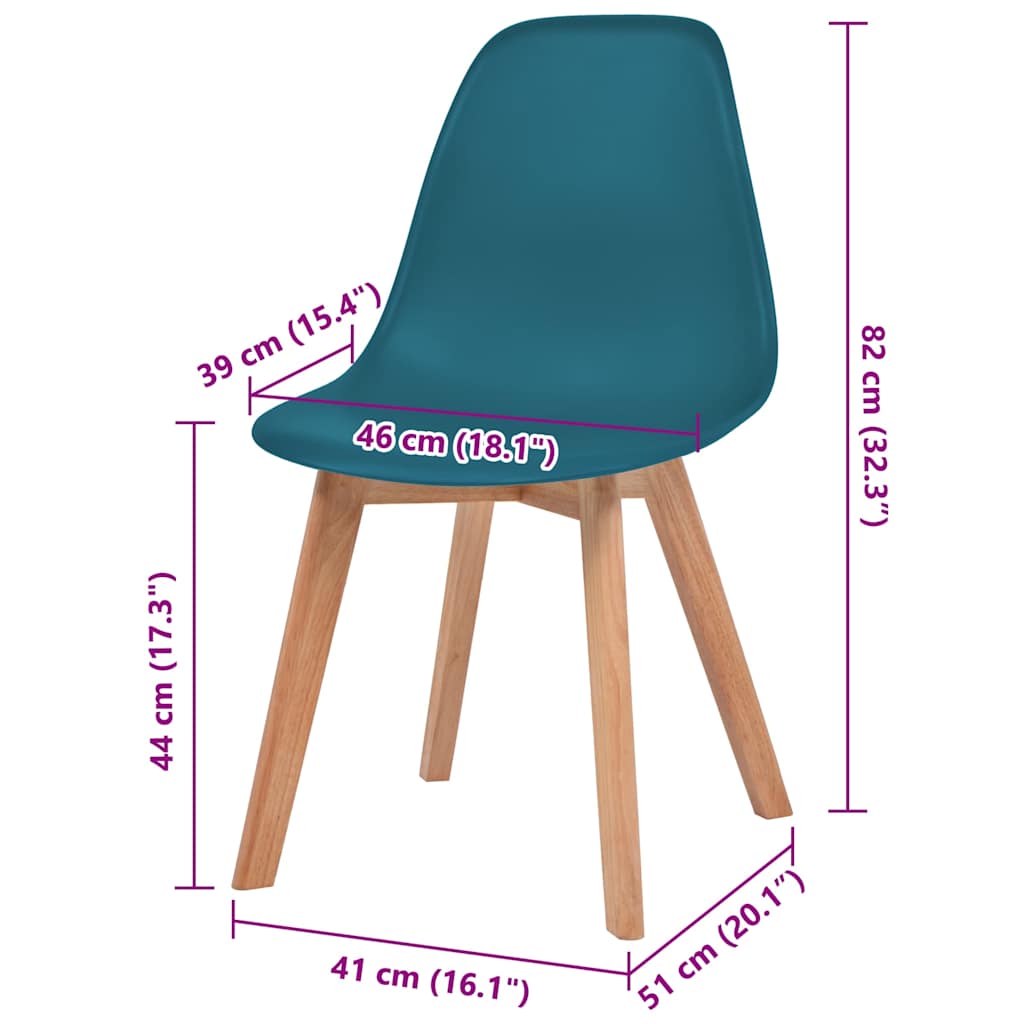 Set van vier turquoise Scandinavische eetkamerstoelen met ergonomische kunststof kuipzitting en houten poten