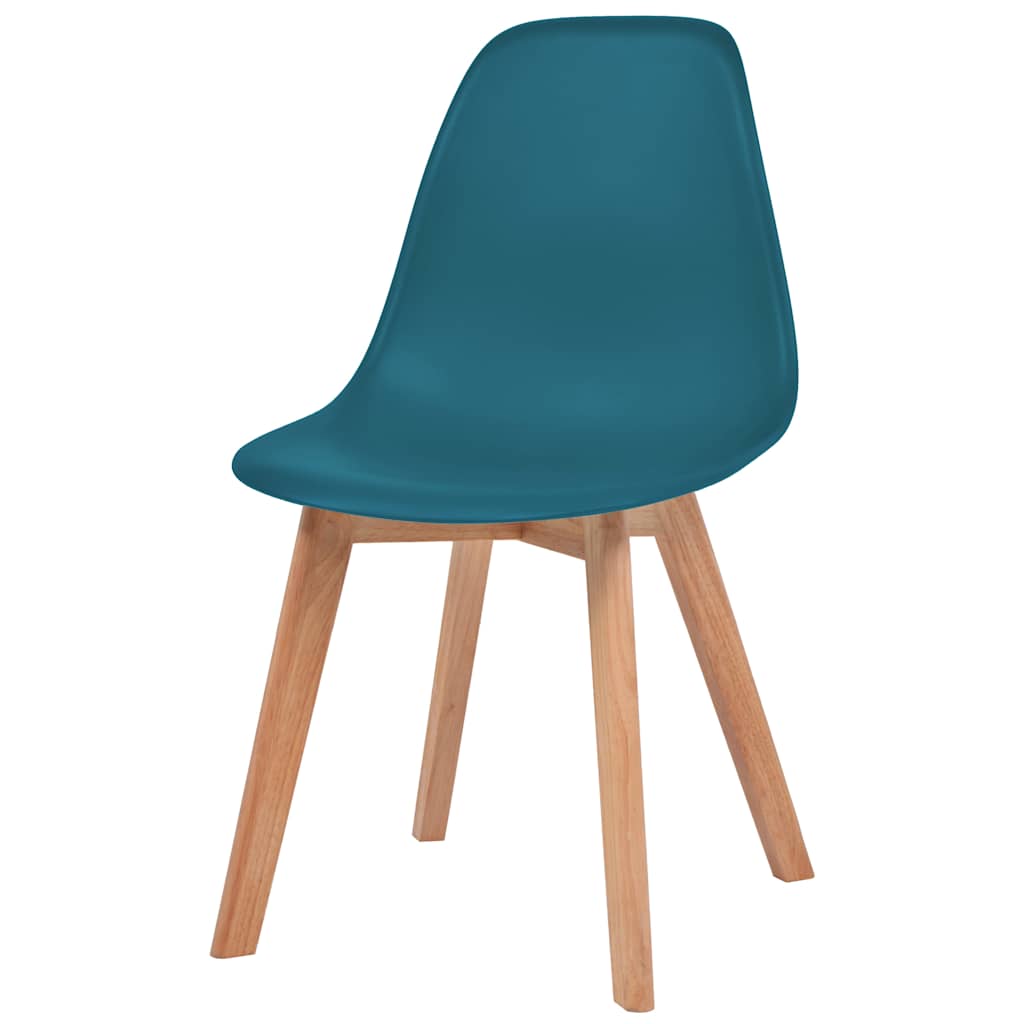 Set van vier turquoise Scandinavische eetkamerstoelen met ergonomische kunststof kuipzitting en houten poten