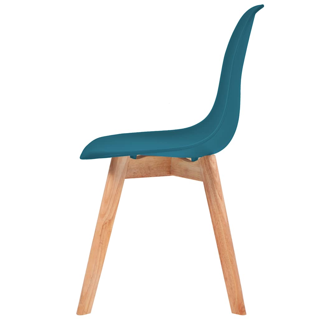 Set van vier turquoise Scandinavische eetkamerstoelen met ergonomische kunststof kuipzitting en houten poten