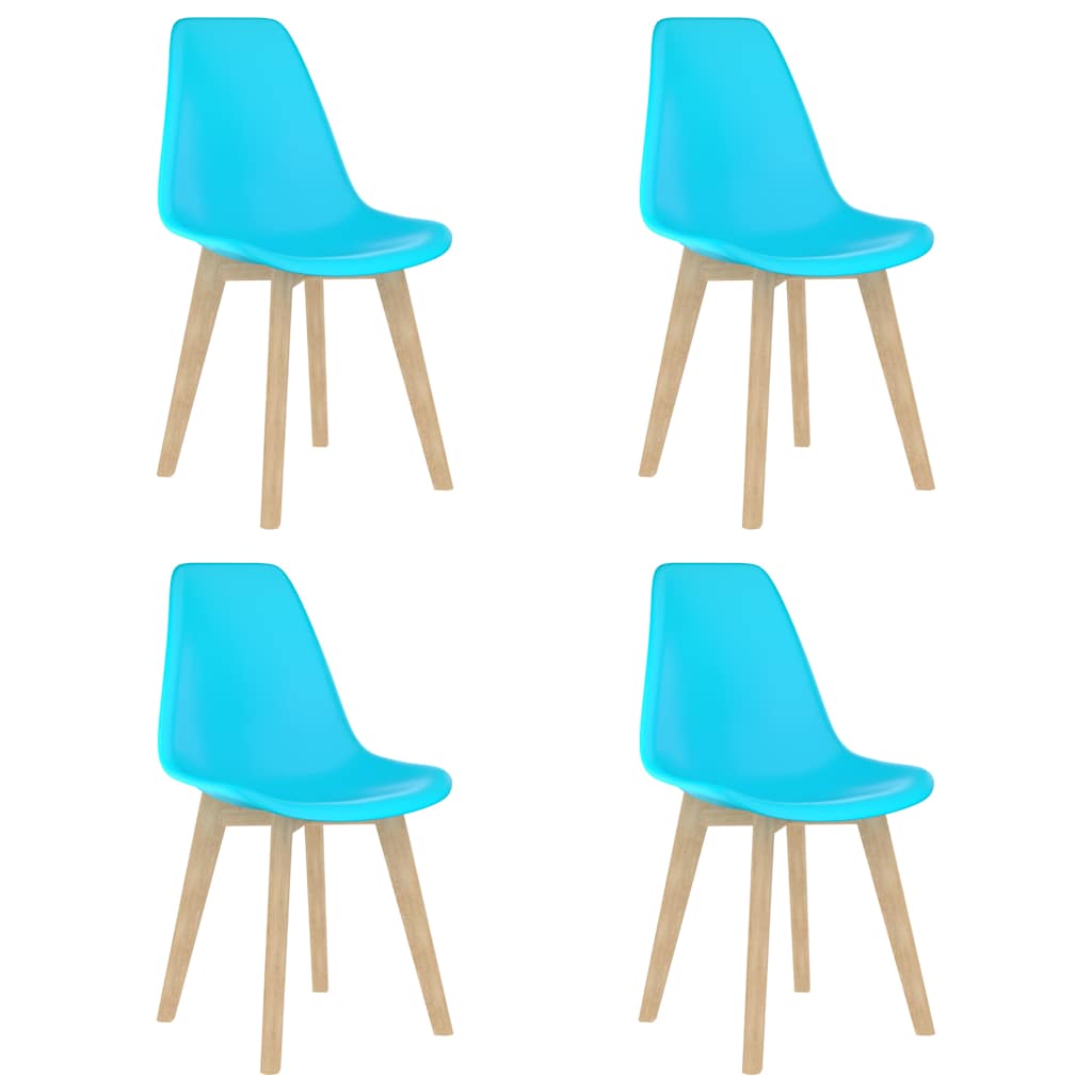 Set van vier turquoise Scandinavische eetkamerstoelen met ergonomische kunststof kuipzitting en houten poten