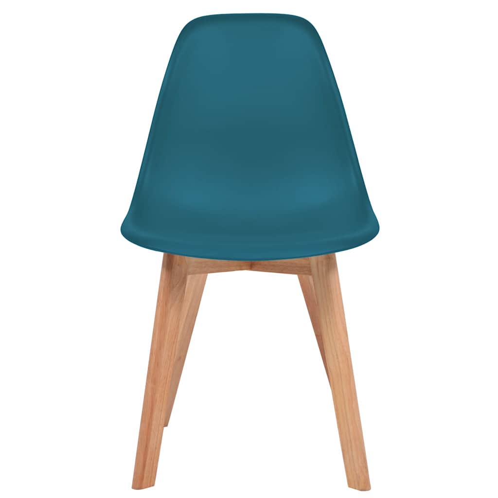 Set van vier turquoise Scandinavische eetkamerstoelen met ergonomische kunststof kuipzitting en houten poten