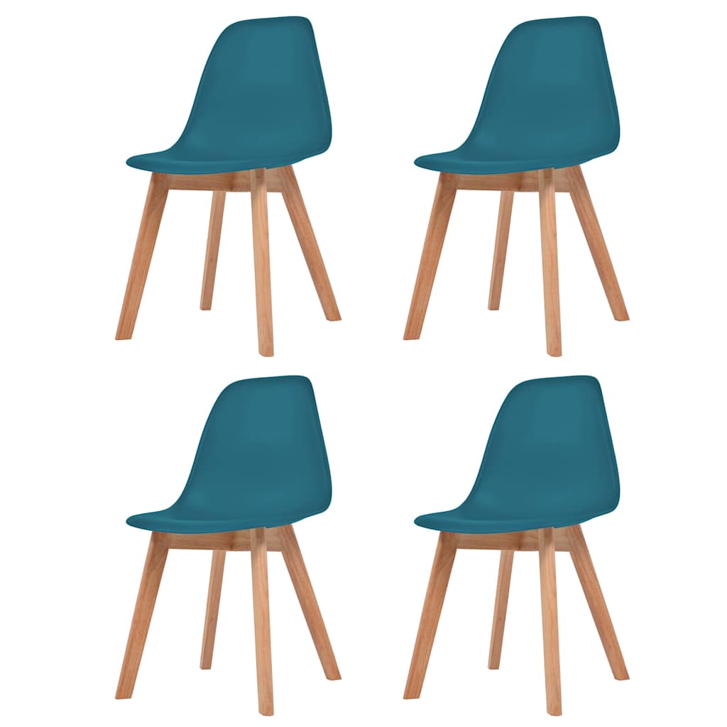 Set van vier turquoise Scandinavische eetkamerstoelen met ergonomische kunststof kuipzitting en houten poten