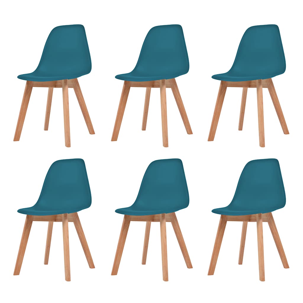 Set van vier turquoise Scandinavische eetkamerstoelen met ergonomische kunststof kuipzitting en houten poten