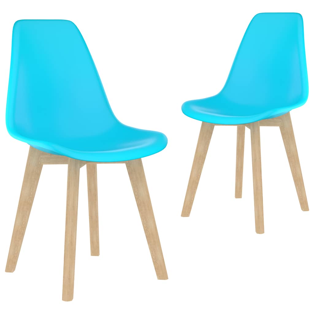 Set van vier turquoise Scandinavische eetkamerstoelen met ergonomische kunststof kuipzitting en houten poten
