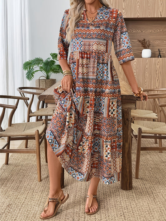 Damesjurk met vintage print en korte mouwen, jurk in Boheemse stijl, damesjurk met geometrische print