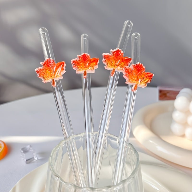 Gebogen Glazen Rietjes met Esdoornblad – 4/7 Stuks - Spotlights shopping
