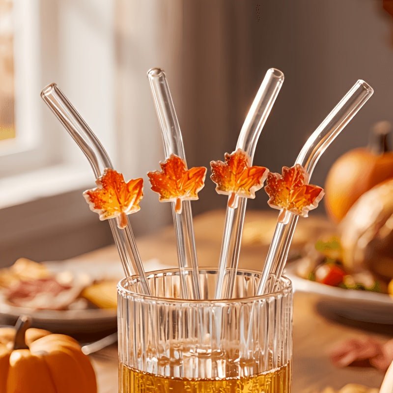 Gebogen Glazen Rietjes met Esdoornblad – 4/7 Stuks - Spotlights shopping