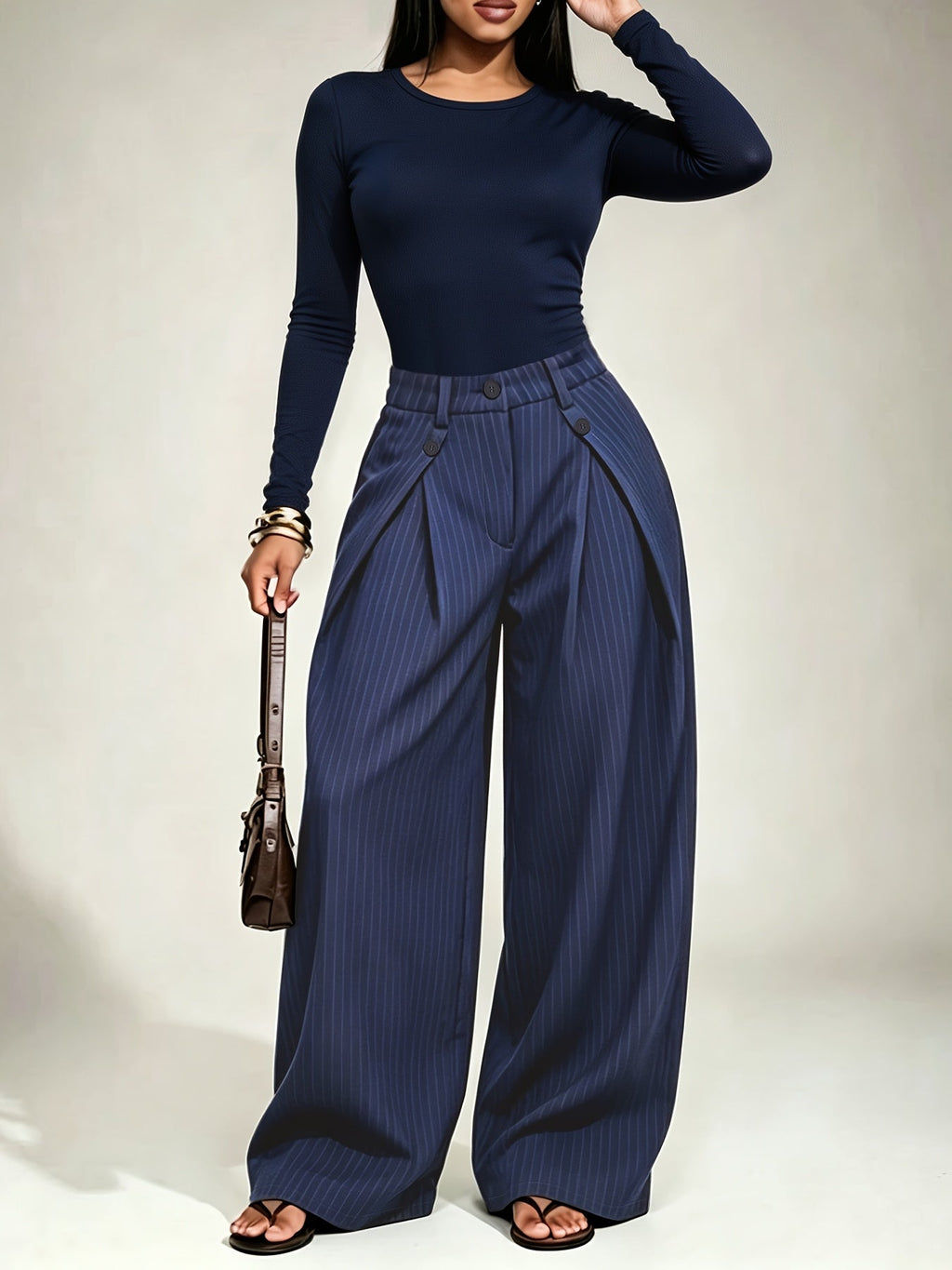 Gestreepte damesbroek met high-waist taille en wijde pijpen