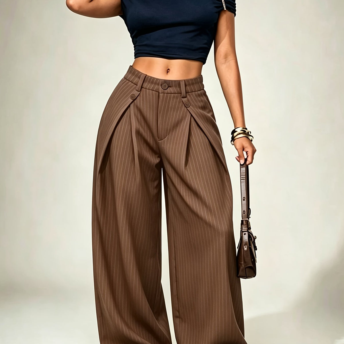 Gestreepte damesbroek met high-waist taille en wijde pijpen