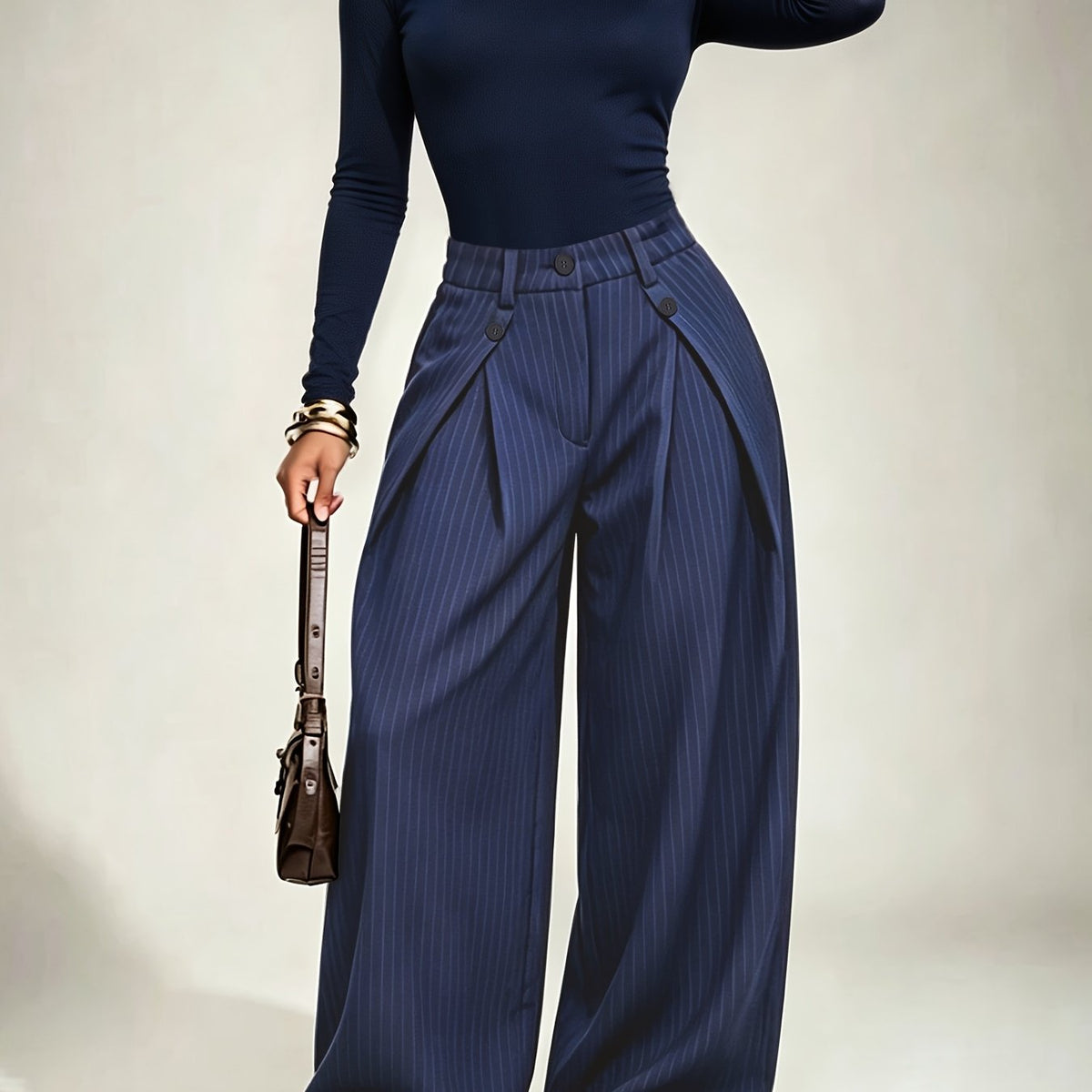 Gestreepte damesbroek met high-waist taille en wijde pijpen