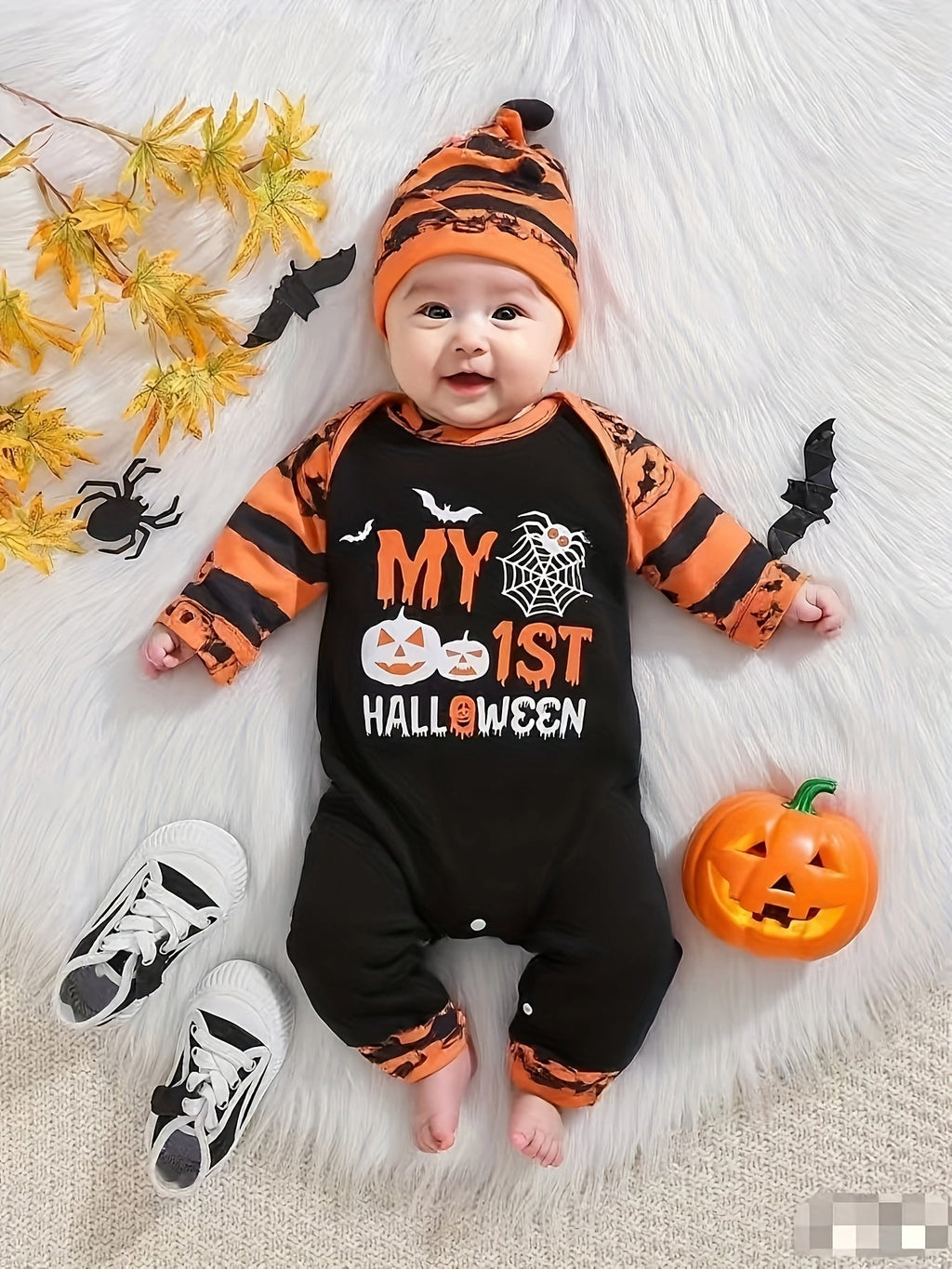 Halloween baby outfit met 2-delige bodysuit en muts