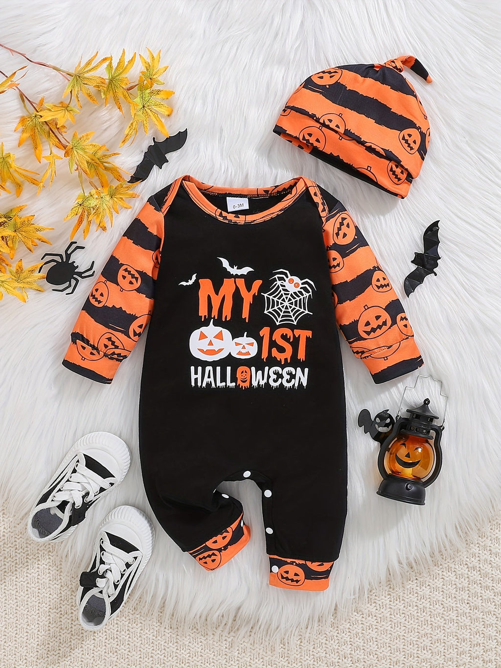 Halloween baby outfit met 2-delige bodysuit en muts