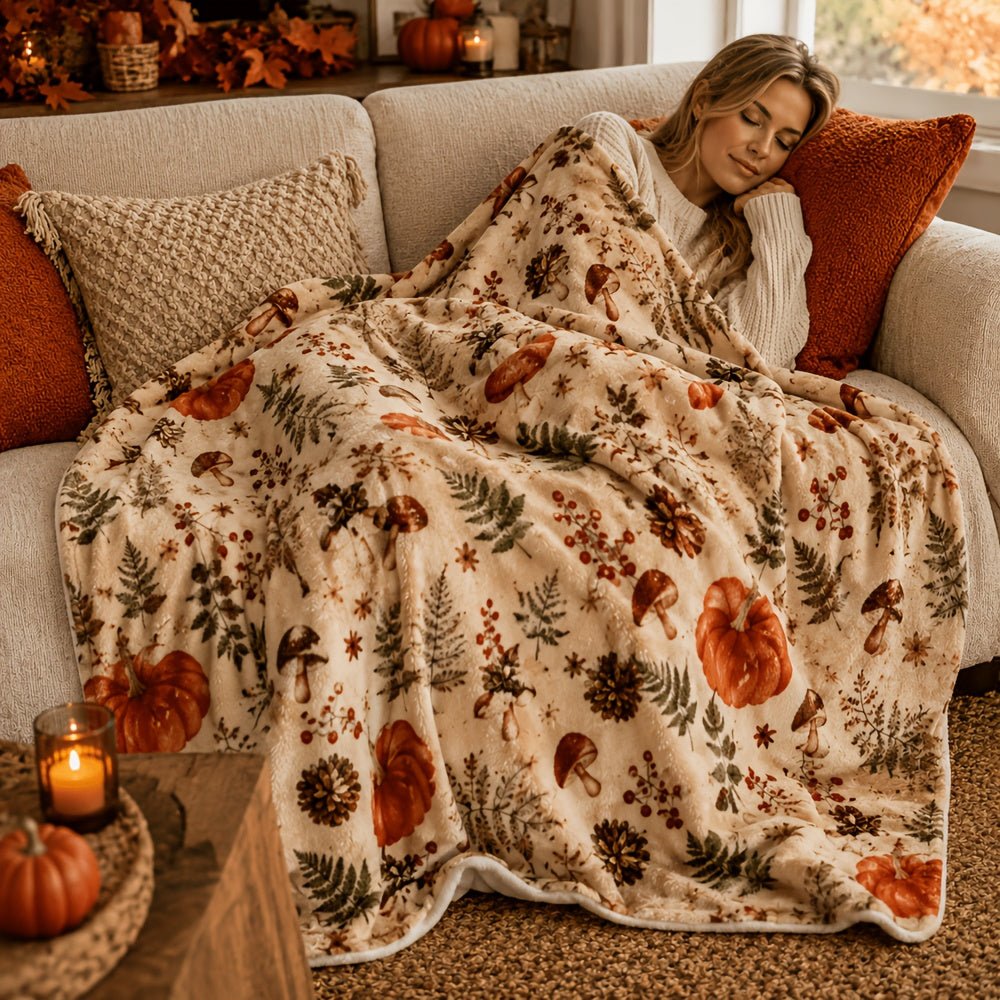 Halloween Deken – Pompoen, Paddenstoel & Bosprint - Spotlights shopping