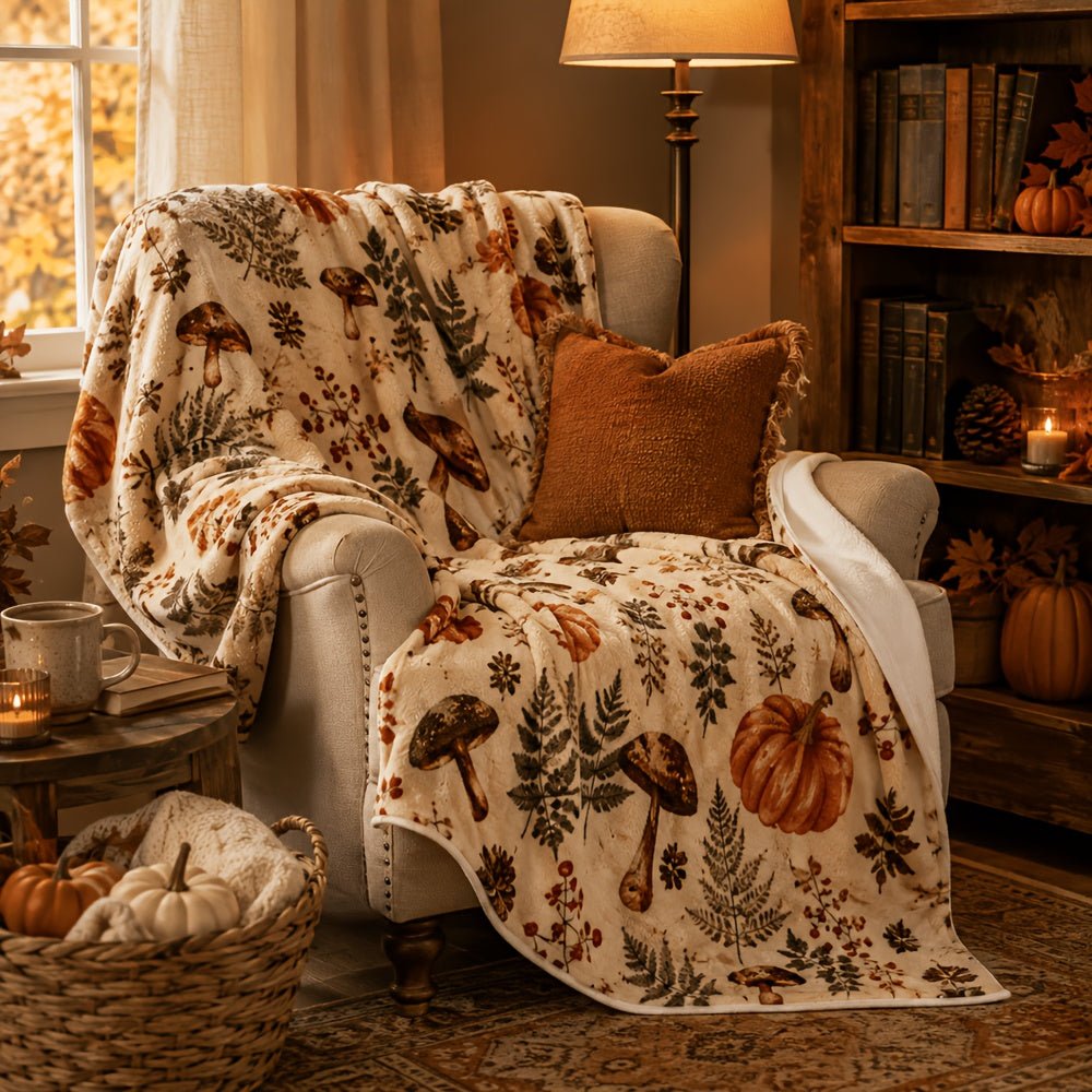 Halloween Deken – Pompoen, Paddenstoel & Bosprint - Spotlights shopping