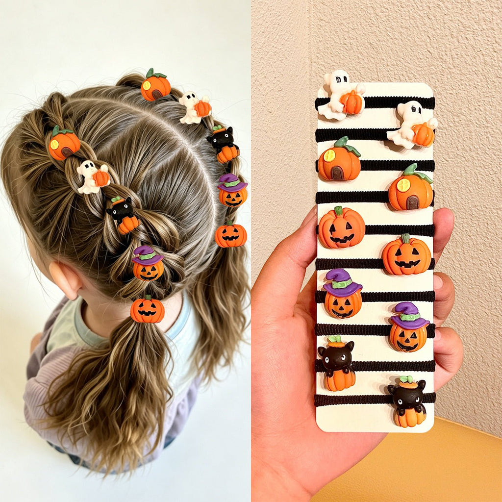 10 stuks Halloween haarelastiekjes met pompoen en geest