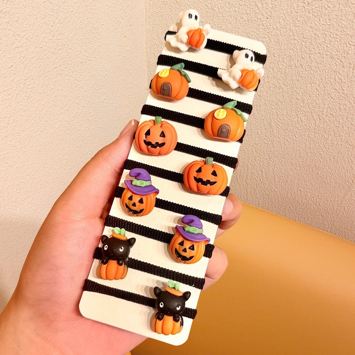 10 stuks Halloween haarelastiekjes met pompoen en geest