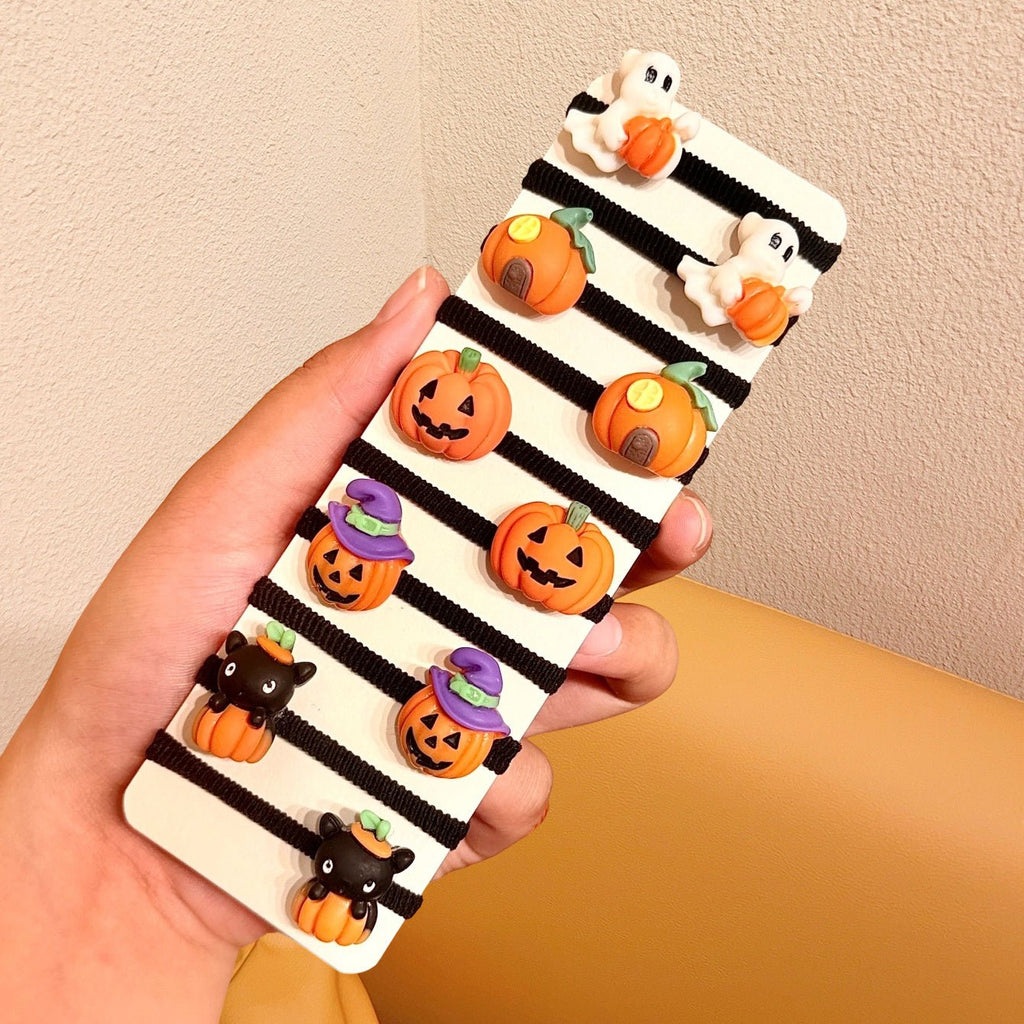 10 stuks Halloween haarelastiekjes met pompoen en geest