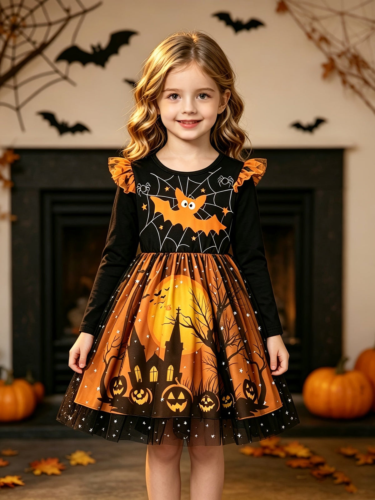 Halloween jurk meisje in oranje en zwart