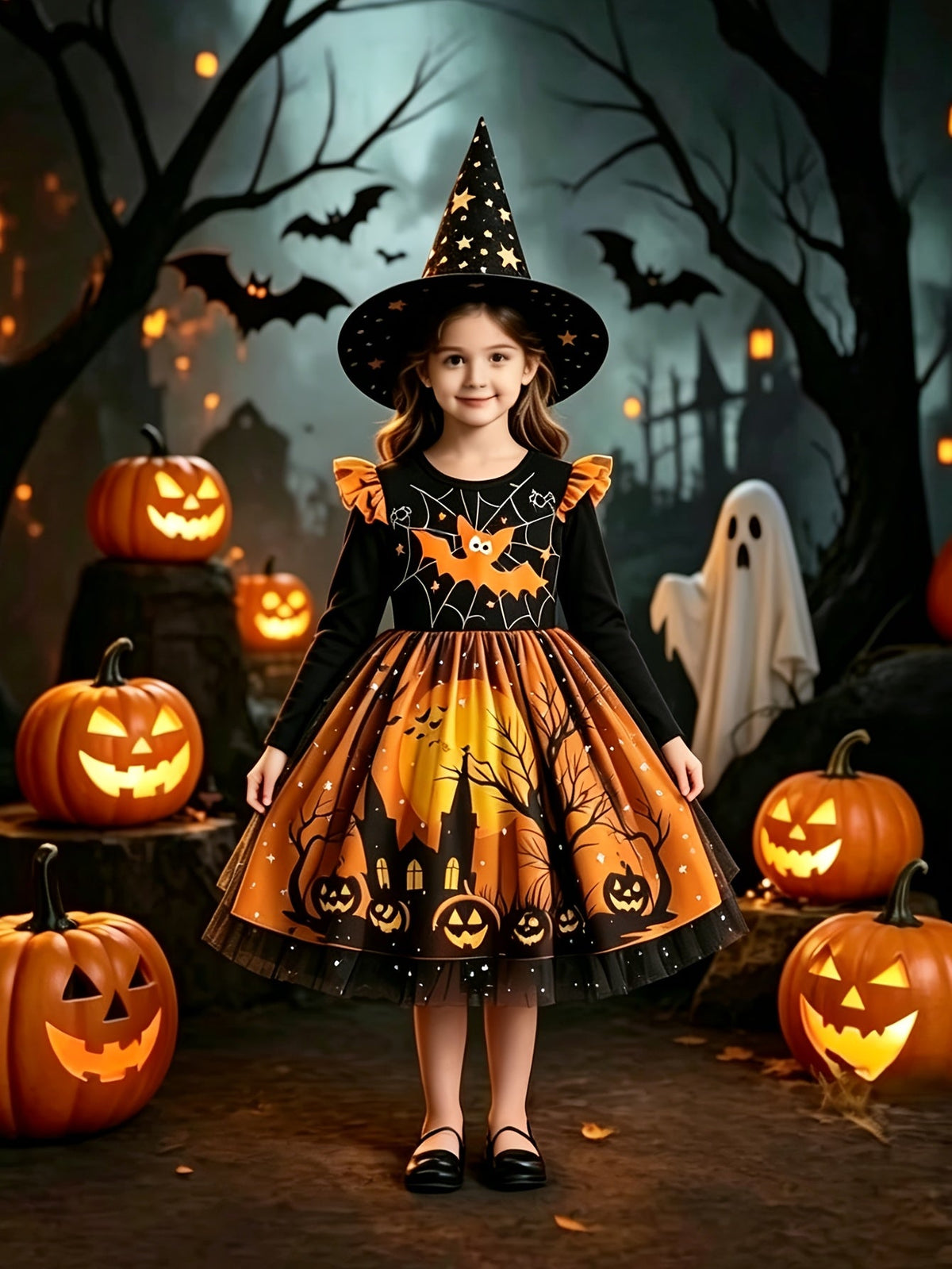 Halloween jurk meisje in oranje en zwart