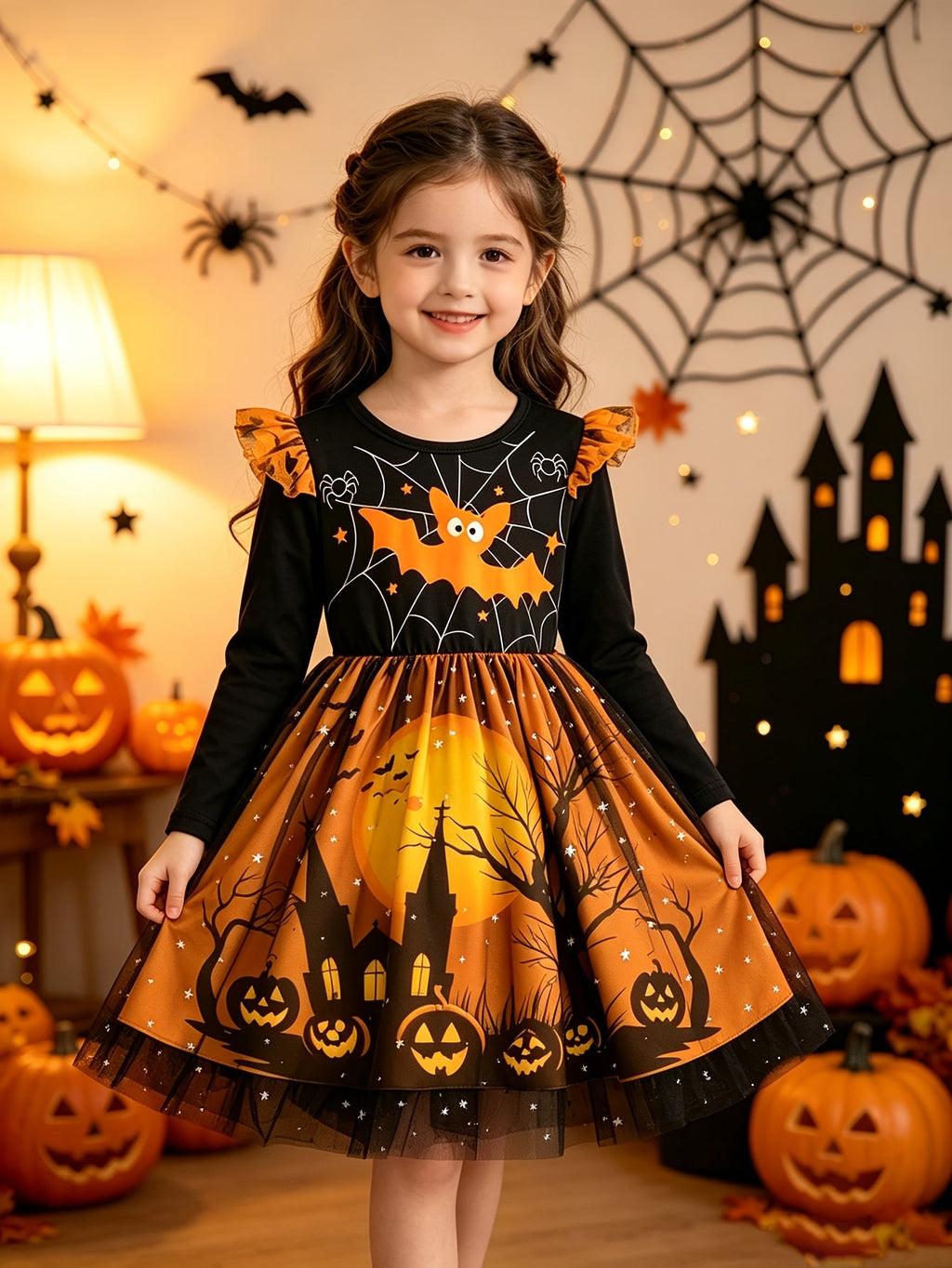 Halloween jurk meisje in oranje en zwart